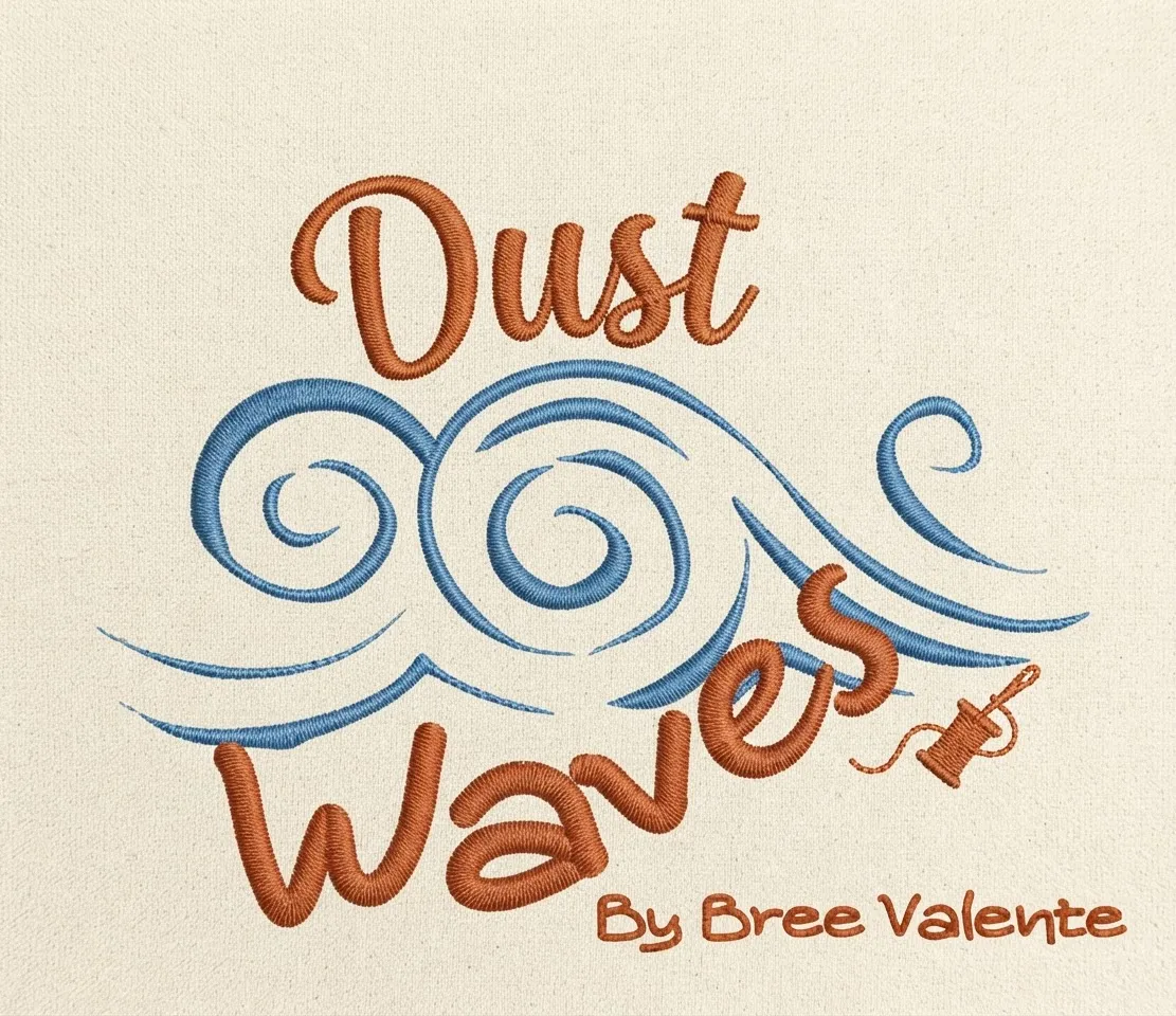 Dust Waves by Bree Valente: embroidered logo with waves and a thread spool